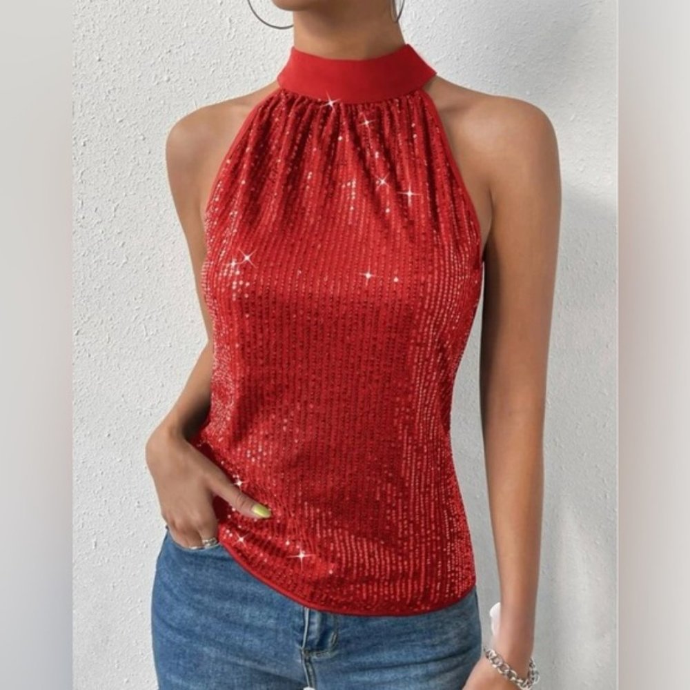 Red Tie Back Sequin Halter Top - Picture 2 of 6